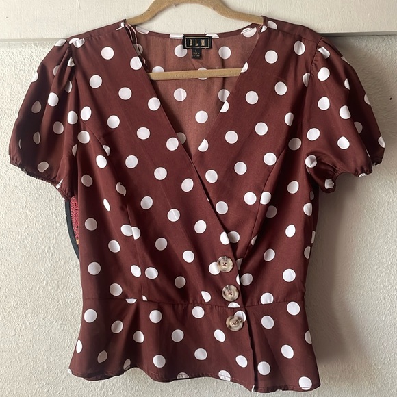 Vintage OLM brown white polka dot cap sleeve button blouse - Picture 1 of 5